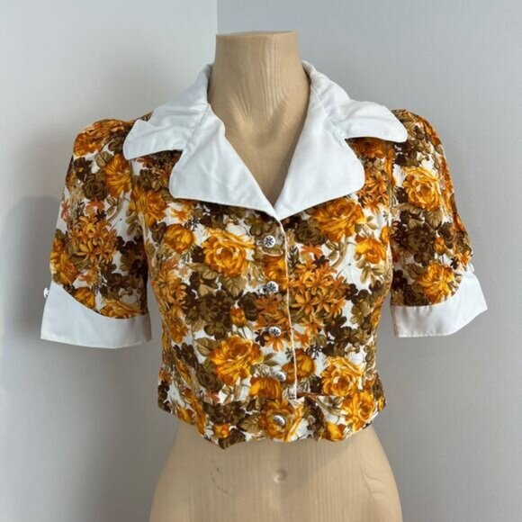 VTG Handmade Women Small Brown White Floral Collared Babydoll Cropped Top Blouse - Picture 6 of 14